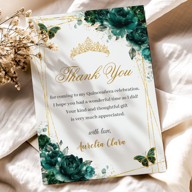 Quinceañera Emerald Green Floral Gold Butterflies Thank You Card (Creator Uploaded)