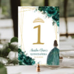 Quinceañera Emerald Green Floral Gold Girl Dress  Table Number<br><div class="desc">Personalise this lovely quinceañera / birthday party table number card easily and quickly,  simply press the customise it button to further re-arrange and format the style and placement of the text.  Matching items available in store!  (c) The Happy Cat Studio</div>