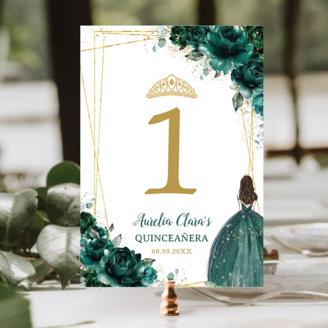 Quinceañera Emerald Green Floral Gold Girl Dress  Table Number (Creator Uploaded)