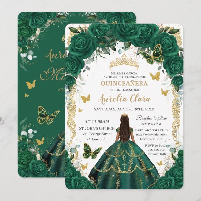 Quinceañera Emerald Green Floral Gold Princess  In Invitation (Front/Back)