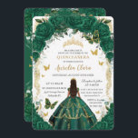 Quinceañera Emerald Green Floral Gold Princess  In Invitation<br><div class="desc">Personalise this lovely quinceañera invitation with own wording easily and quickly,  simply press the customise it button to further re-arrange and format the style and placement of the text.  Matching items available in store!  (c) The Happy Cat Studio</div>