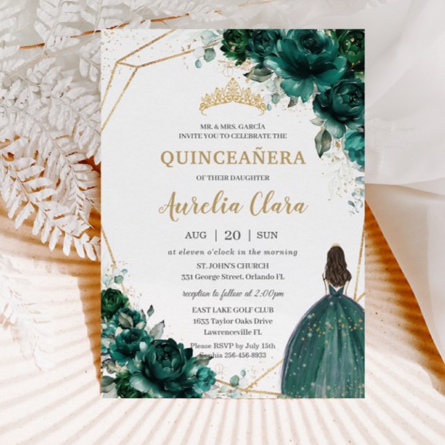 Quinceañera Emerald Green Floral Gold Princess Inv Invitation (Creator Uploaded)