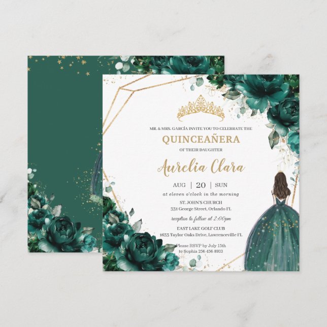 Quinceañera Emerald Green Floral Gold Princess  Invitation (Front/Back)