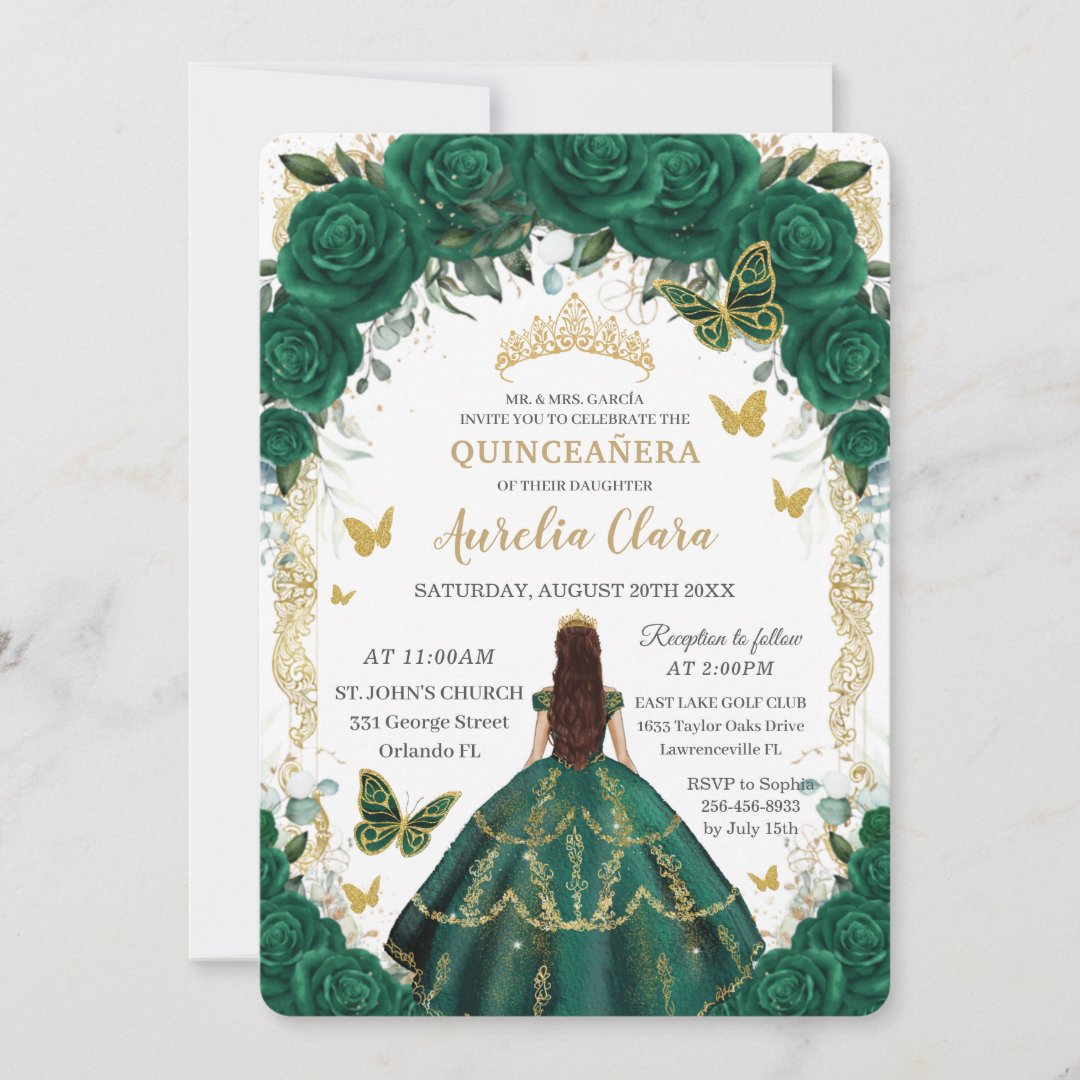 Quinceañera Emerald Green Floral Gold Princess Invitation Zazzle