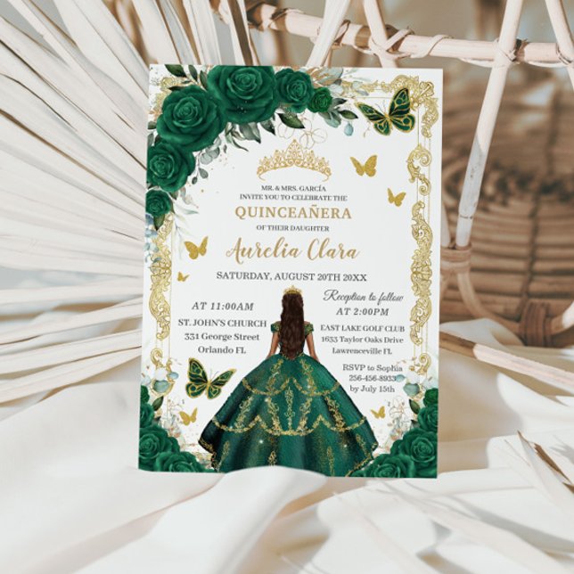 Quinceañera Emerald Green Floral Gold Princess Invitation (Creator Uploaded)