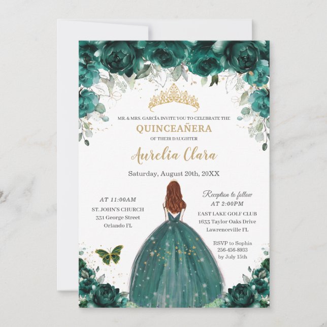Quinceañera Emerald Green Floral Gold Princess  Invitation (Front)