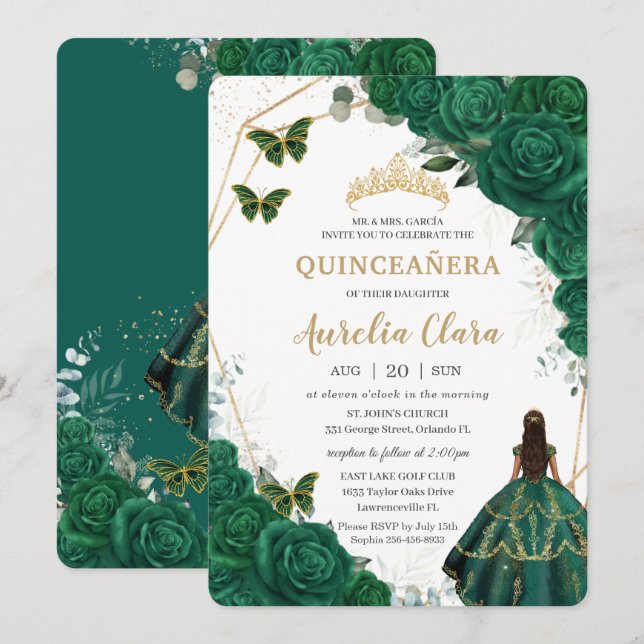Quinceañera Emerald Green Floral Gold Princess Invitation (Front/Back)