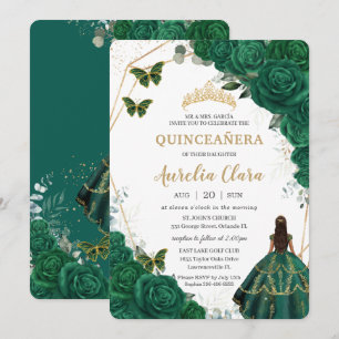 Quinceañera Emerald Green Floral Gold Princess Invitation