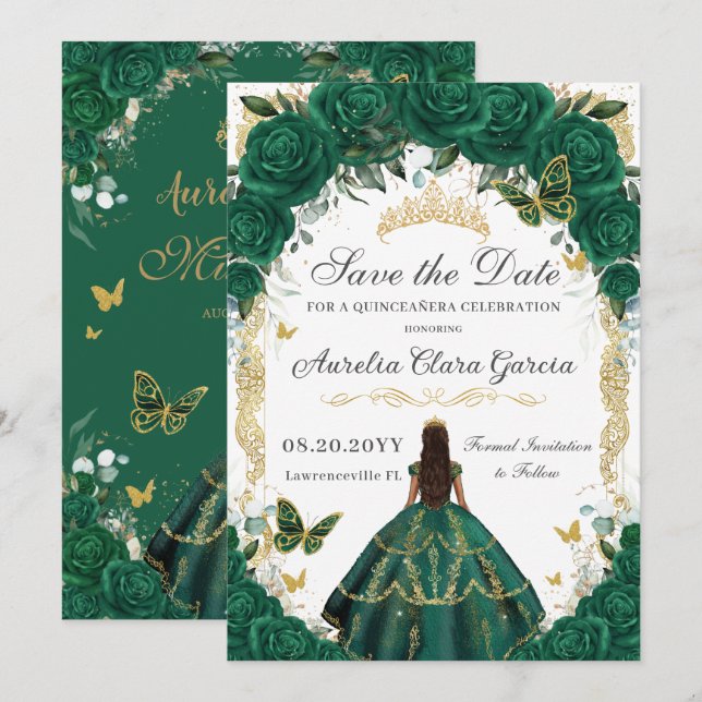 Quinceañera Emerald Green Floral Gold Princess Save The Date (Front/Back)