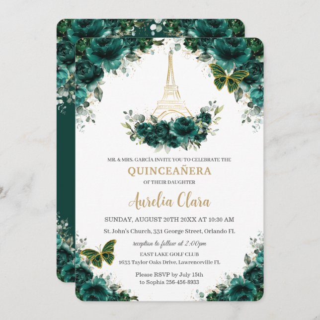 Quinceañera Emerald Green Floral Paris Butterflies Invitation (Front/Back)