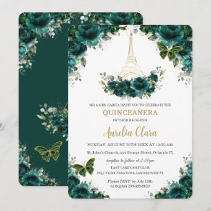 Quinceañera Emerald Green Floral Paris Butterflies Invitation