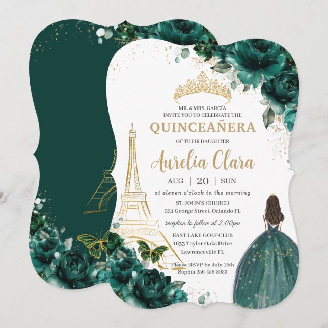 Quinceañera Emerald Green Floral Paris Gold Crown Invitation (Front/Back)