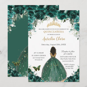 Quinceañera Emerald Green Floral Princess Crown Invitation