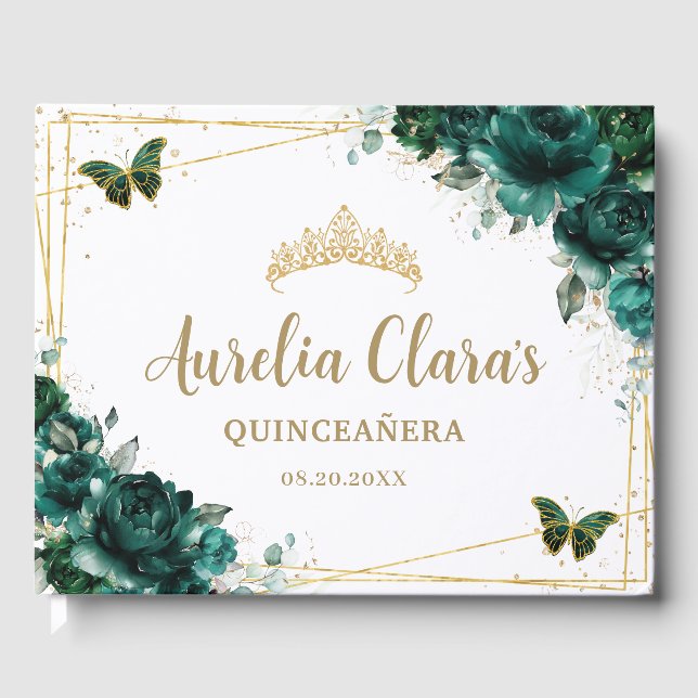 QUINCEAÑERA Emerald Green Floral Roses Butterflies Guest Book (Front)