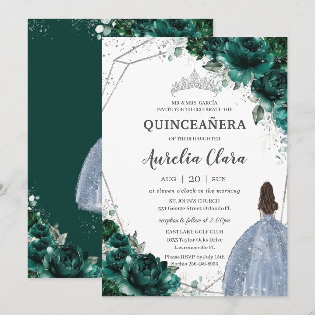 Quinceañera Emerald Green Floral Silver Blue Dress Invitation (Front/Back)