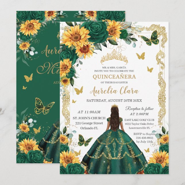 Quinceañera Emerald Green Floral Sunflowers Gold Invitation (Front/Back)