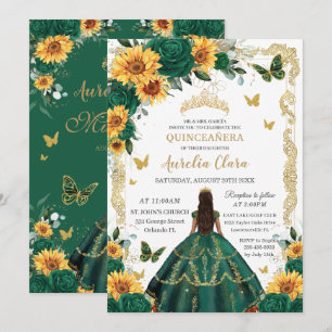 Quinceañera Emerald Green Floral Sunflowers Gold Invitation