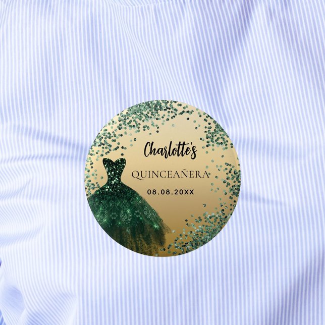 Quinceanera emerald green gold dress 6 cm round badge (Creator Uploaded)