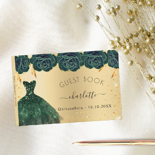 Quinceanera emerald green gold dress flowers  guest book