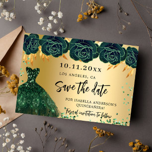Quinceanera emerald green gold dress flowers save the date