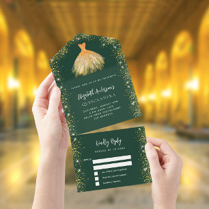 Quinceanera emerald green gold dress glitter RSVP All In One Invitation