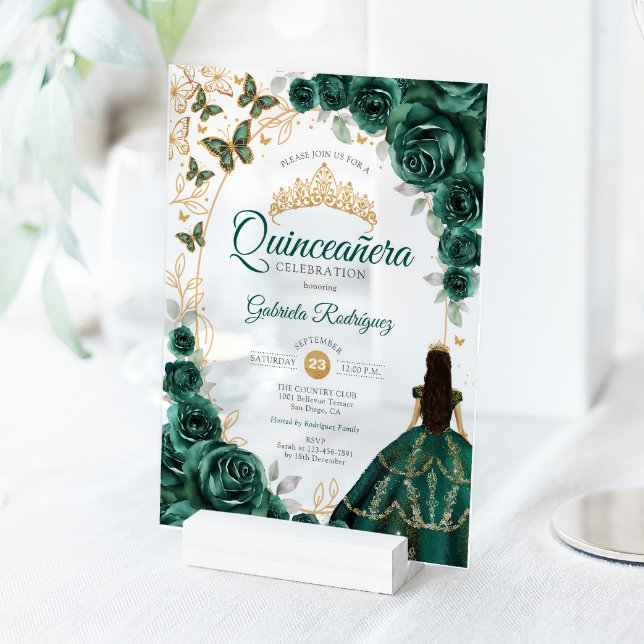 Quinceanera Emerald Green Gold Floral Acrylic Invitations (Creator Uploaded)