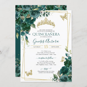 Quinceañera Emerald Green Gold Floral Butterfly Invitation