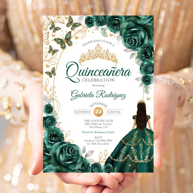 Quinceanera Emerald Green Gold Floral Invitation (Creator Uploaded)