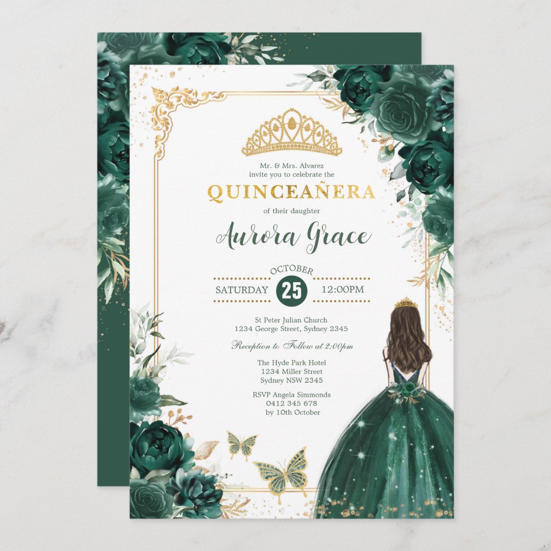 Quinceañera Emerald Green Gold Floral Princess Invitation | Zazzle