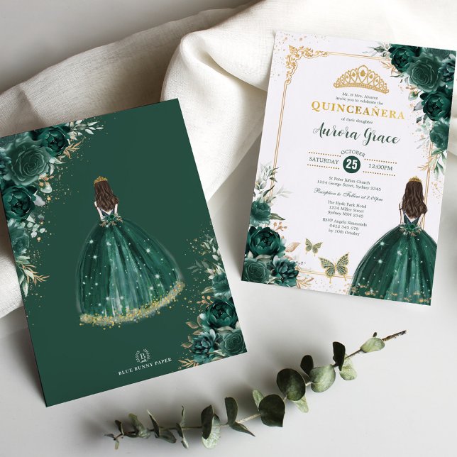 Quinceañera Emerald Green Gold Floral Princess Invitation (Creator Uploaded)
