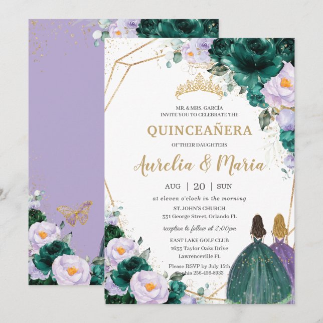 Quinceañera Emerald Green Lilac Floral Roses Twins Invitation (Front/Back)