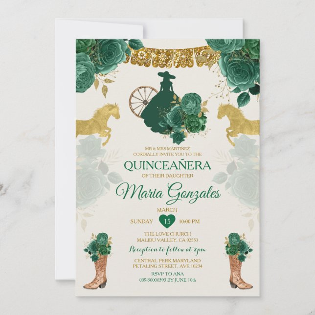 Quinceañera Emerald Green Mexican 16th Butterfly Invitation (Front)