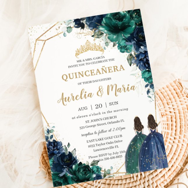 Quinceañera Emerald Green Navy Blue Floral Twins Invitation (Creator Uploaded)