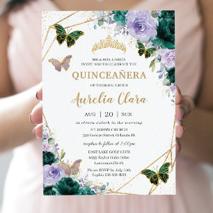 Quinceañera Emerald Green Purple Lilac Floral Invitation