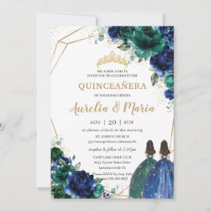 Quinceañera Emerald Green Royal Blue Floral Twins Invitation