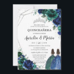 Quinceañera Emerald Green Royal Blue Floral Twins Invitation<br><div class="desc">Personalise this lovely quinceañera invitation with own wording easily and quickly,  simply press the customise it button to further re-arrange and format the style and placement of the text.  Matching items available in store!  (c) The Happy Cat Studio</div>