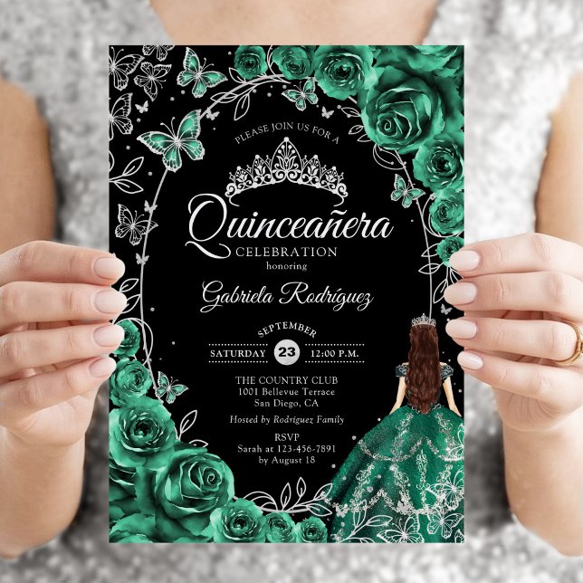 Quinceanera Emerald Green Silver Black Invitation (Creator Uploaded)