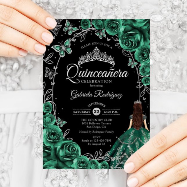 Quinceanera Emerald Green Silver Black Invitation (Creator Uploaded)