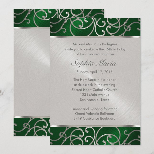 Quinceanera Emerald Green Silver Filigree Swirls Invitation (Front/Back)