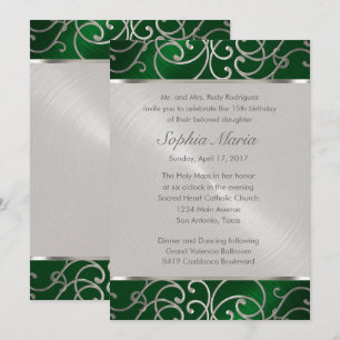 Quinceanera Emerald Green Silver Filigree Swirls Invitation