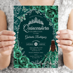 Quinceanera Emerald Green Silver Invitation