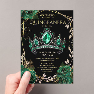 Quinceañera Emerald Green Tiara Black Spanish  Acrylic Invitations