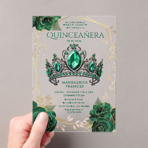 Quinceañera Emerald Green Tiara Floral Spanish Acrylic Invitations