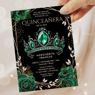 Quinceañera Emerald Green Tiara Floral Spanish Invitation