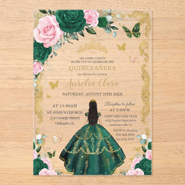 Quinceañera Emerald Pink Floral Black Hair Gold Acrylic Invitations (Front)