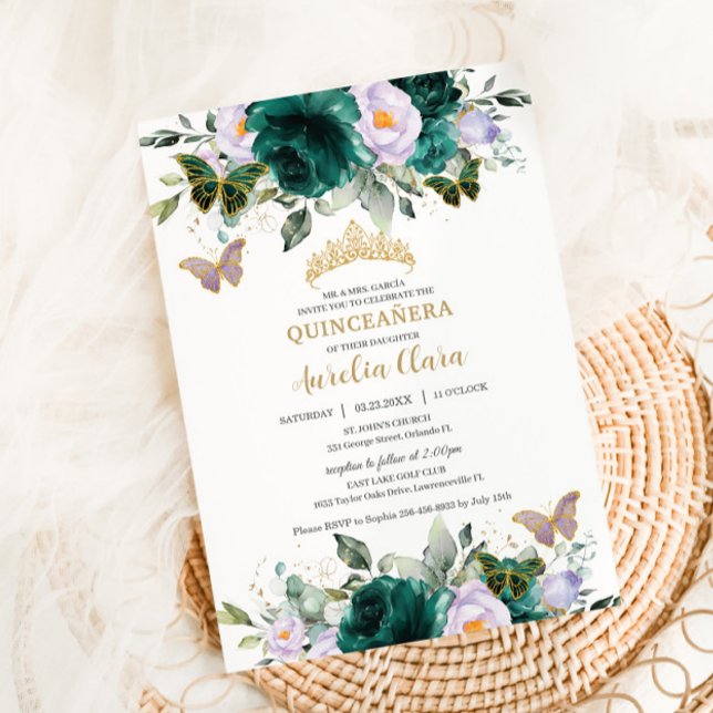Quinceañera Emerald Purple Floral Gold Butterflies Invitation (Creator Uploaded)