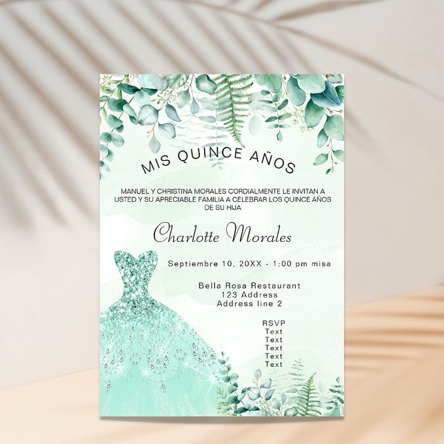 Quinceanera enchanted forest ferns dress invitation (Creator Uploaded)