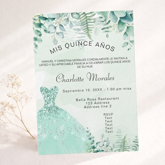 Quinceanera enchanted forest ferns dress luxury invitation (Creator Uploaded)