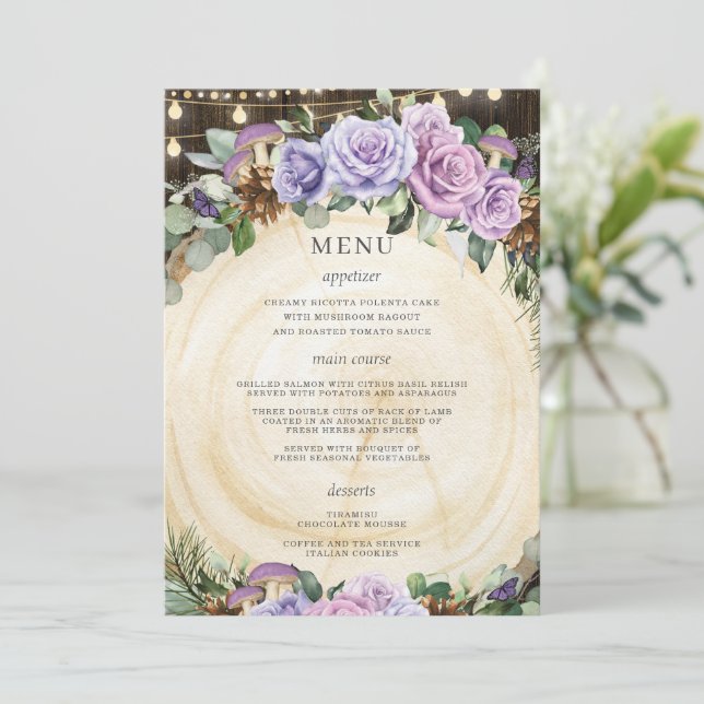 Quinceañera Enchanted Forest Purple Floral Menu  (Standing Front)