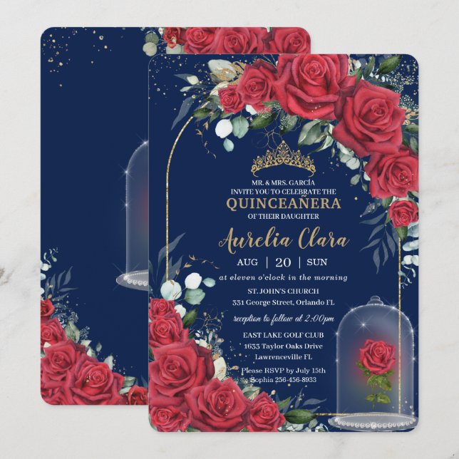 Quinceañera Enchanted Red Rose Floral Navy Blue Invitation (Front/Back)